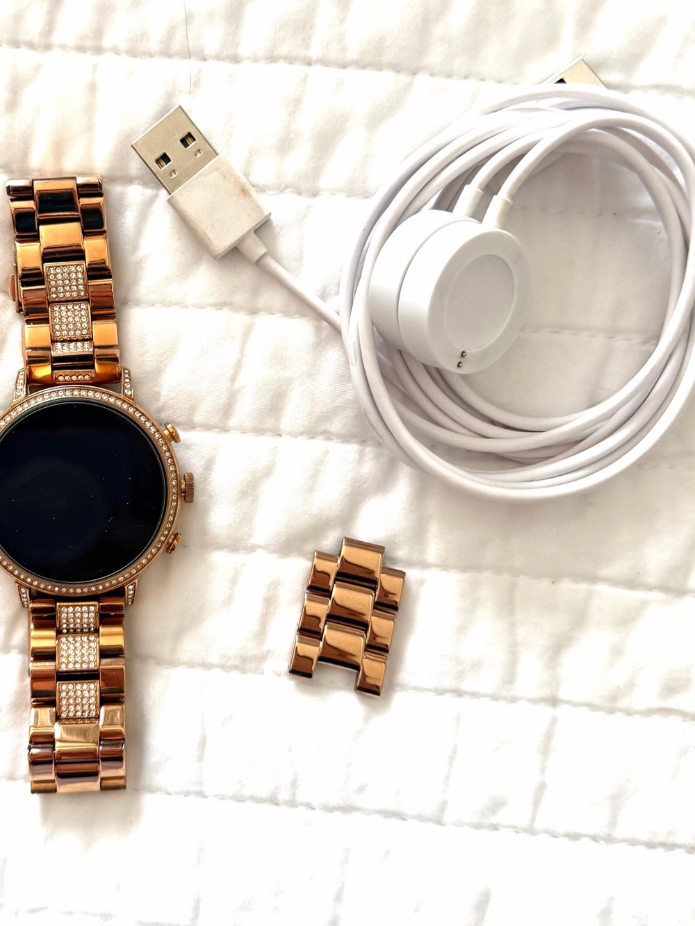 Fossil Rose Gold Smartwatch with Crystal-Accented Bracelet and Two Chargers